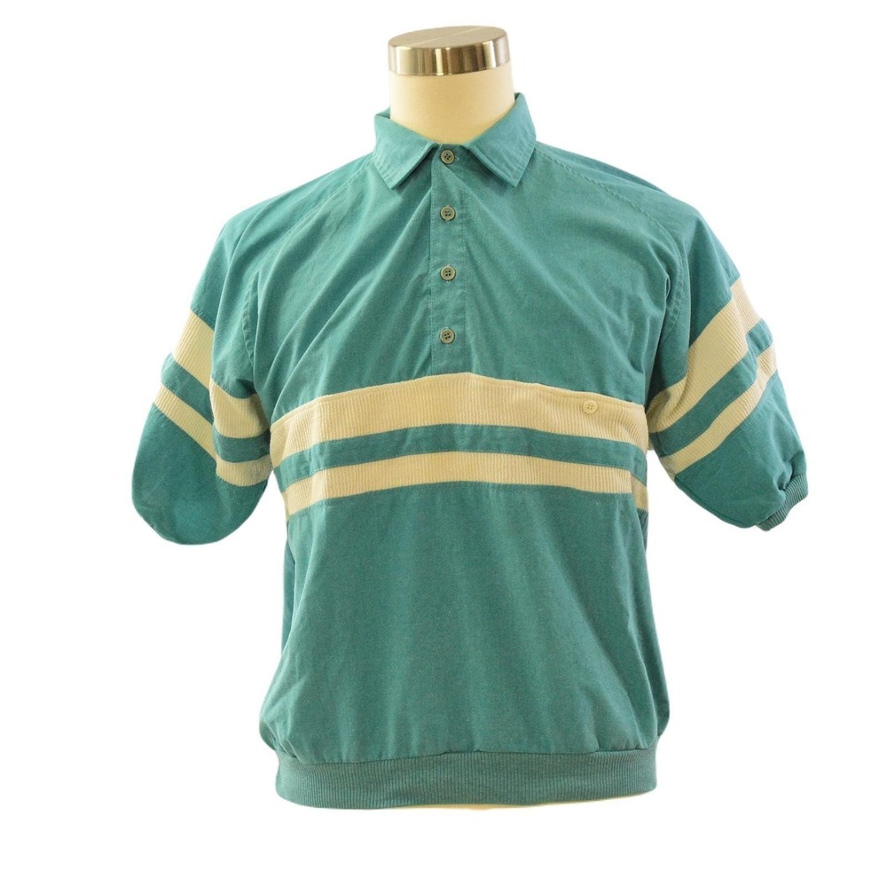 80s Vintage Teal Striped Polo Shirt Mens L Relaxed Fit Streetwear Green Preppy